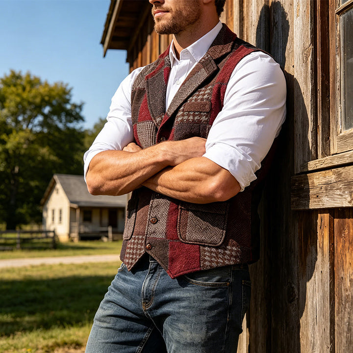 Gilet da uomo in tinta calda con motivo patchwork a spina di pesce. - Borgogna - 2XL - image 12