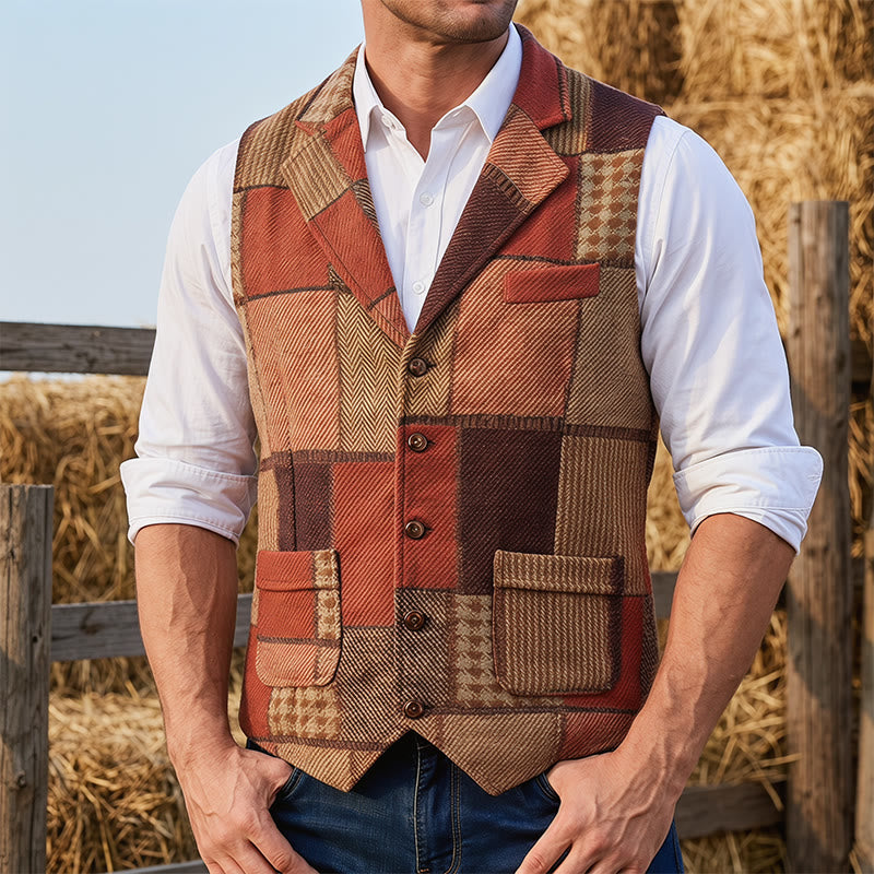 Gilet da uomo in tinta calda con motivo patchwork a spina di pesce. - Arancia - 2XL - image 1