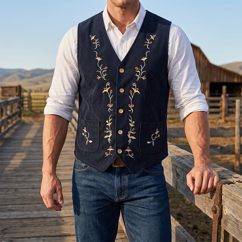 Gilet da uomo elegante con ricami floreali e motivo a vite. - Nero - 2XL - image 5
