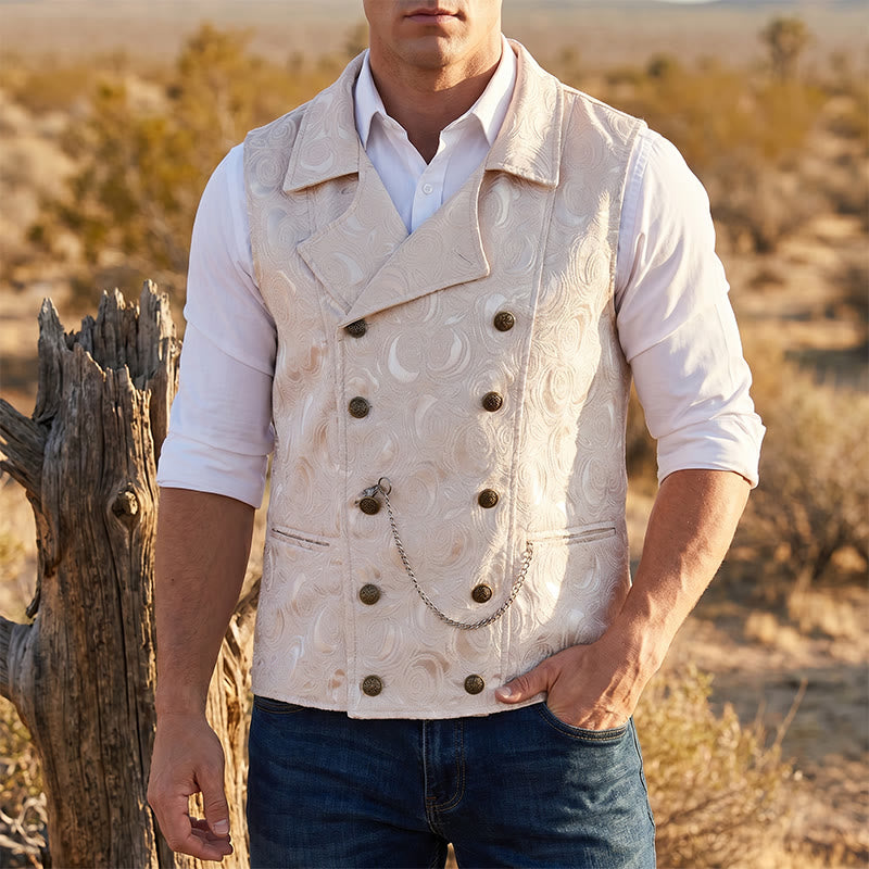 Gilet da uomo doppiopetto in jacquard floreale con dettaglio a catena - Champagne - 2XL - image 1