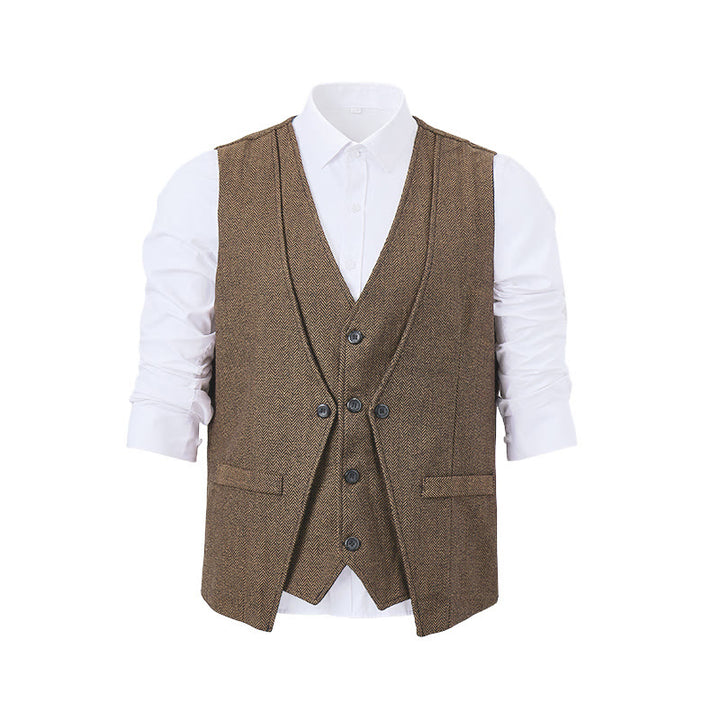 Gilet da uomo elegante con motivo a spina di pesce e design a strati. - Cachi - 2XL - image 13