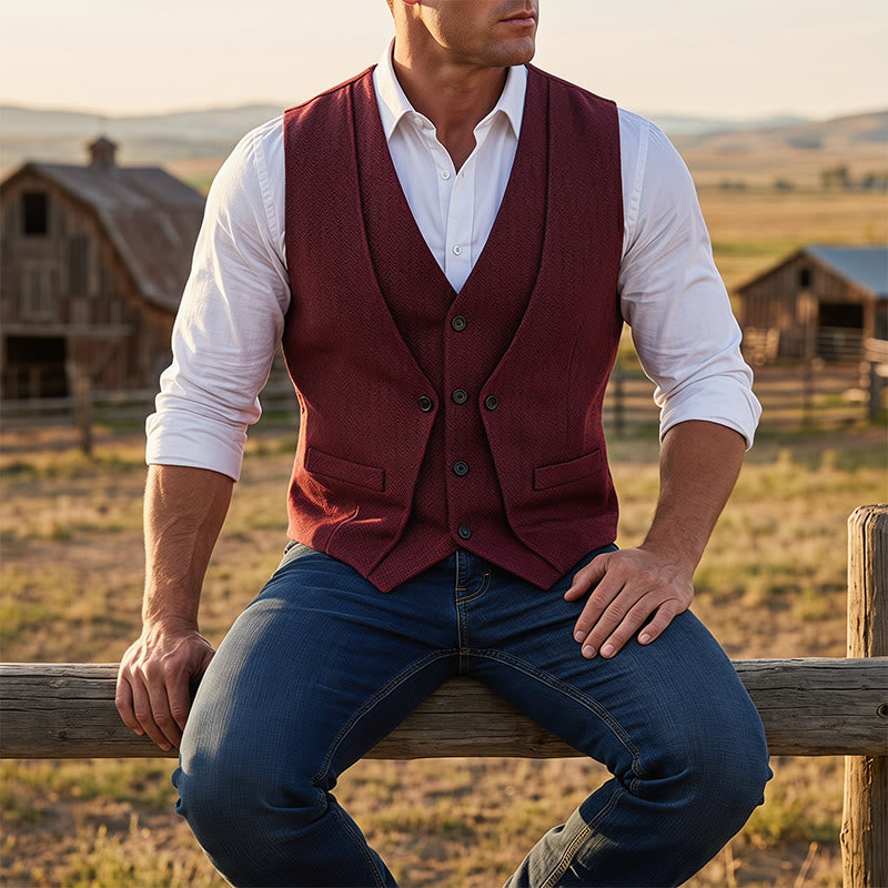 Gilet da uomo elegante con motivo a spina di pesce e design a strati. - Rosso scuro - 2XL - image 0