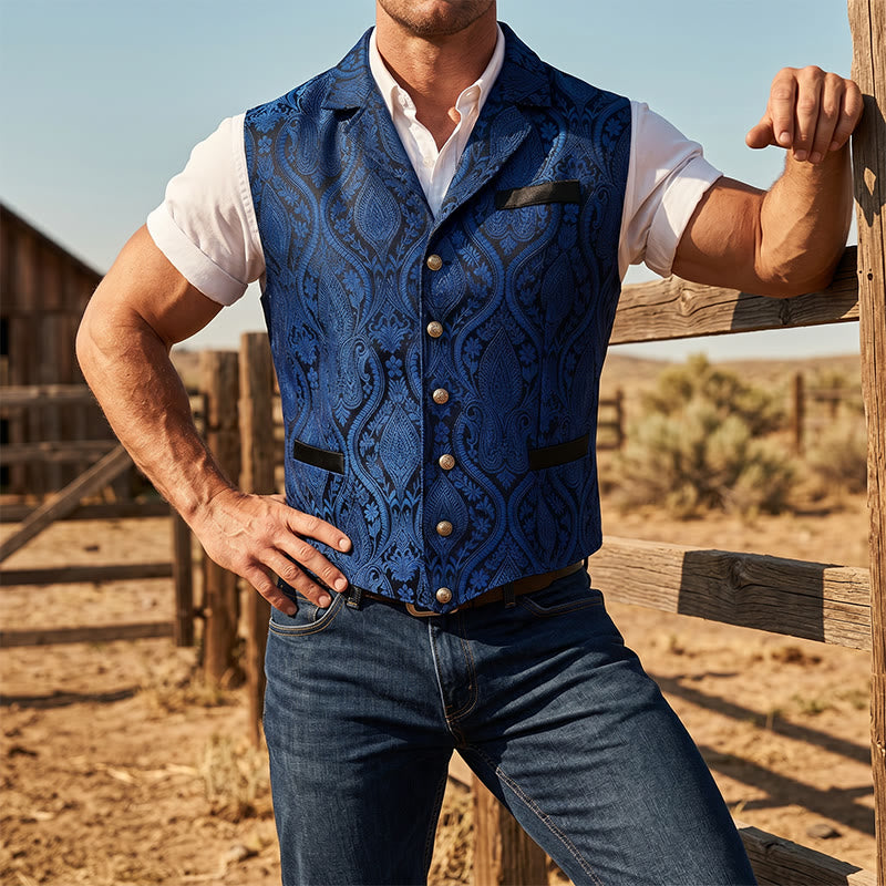 Gilet da abito da uomo con revers a tacca e motivo paisley jacquard, ispirato allo stile vittoriano. - Blu - 2XL - image 11