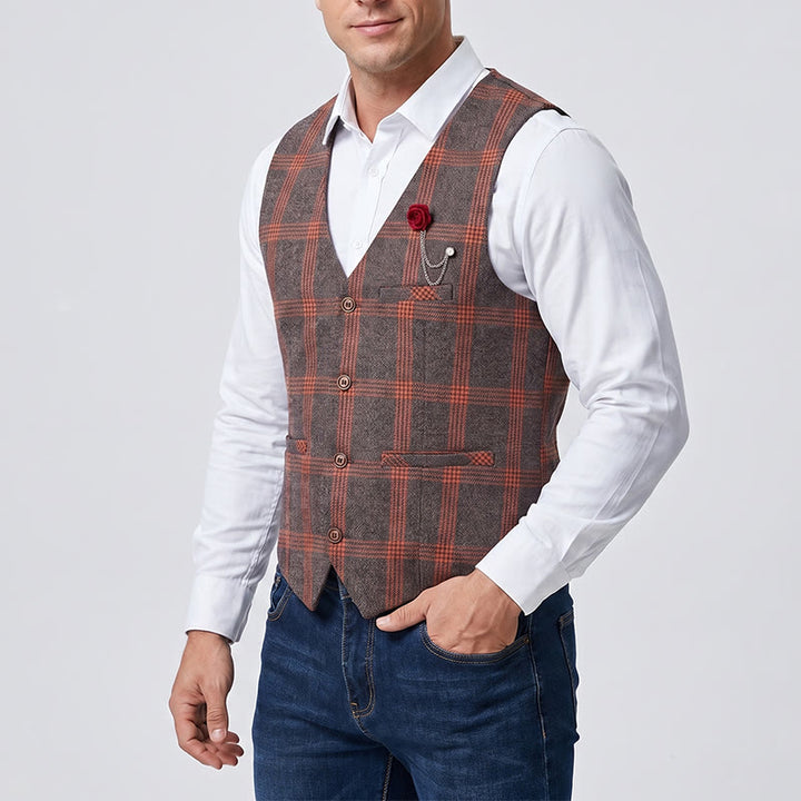 Gilet da uomo elegante a quadri, adatto a tutte le stagioni, con spilla a forma di rosa rossa. - image 1