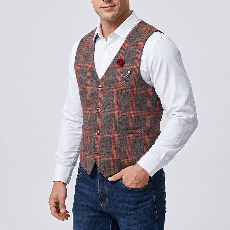Elegante gilet a quadri adatto a tutte le stagioni con spilla a forma di rosa rossa - image 1