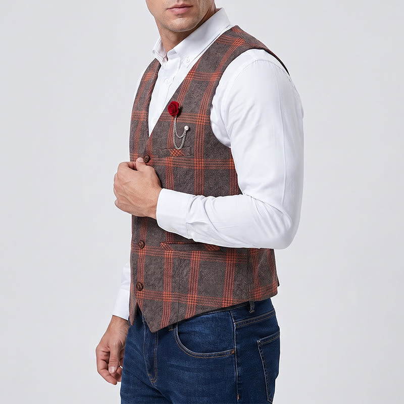 Elegante gilet a quadri adatto a tutte le stagioni con spilla a forma di rosa rossa - image 3