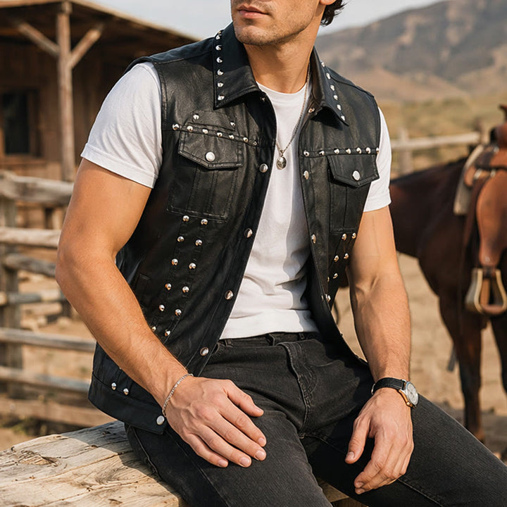 Gilet senza maniche in similpelle con borchie, stile punk rock da motociclista - Nero - 2XL - image 0