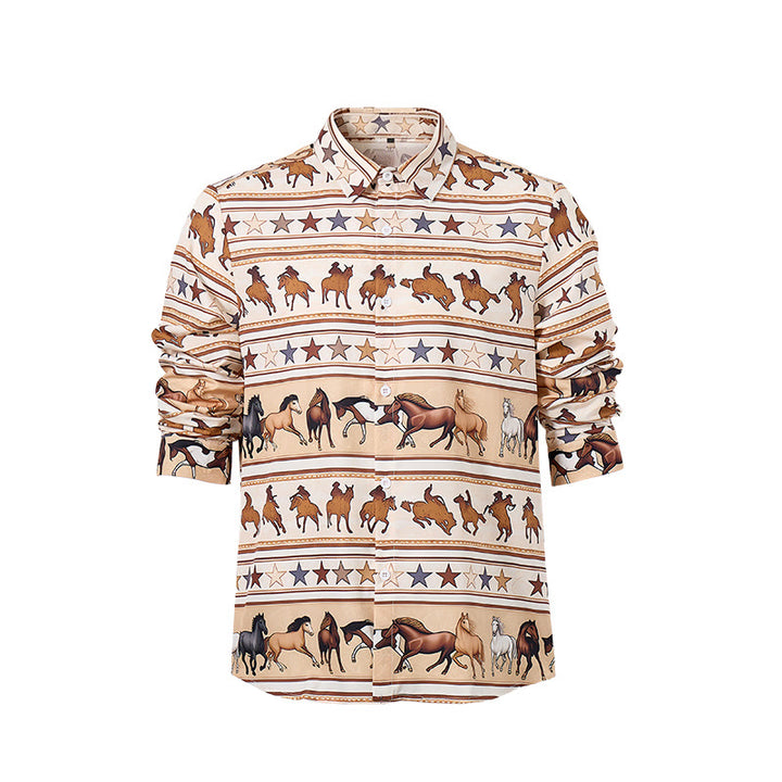 Camicia western da uomo con stampa a righe di cavallo e stella, ideale per il mondo equestre. - image 8