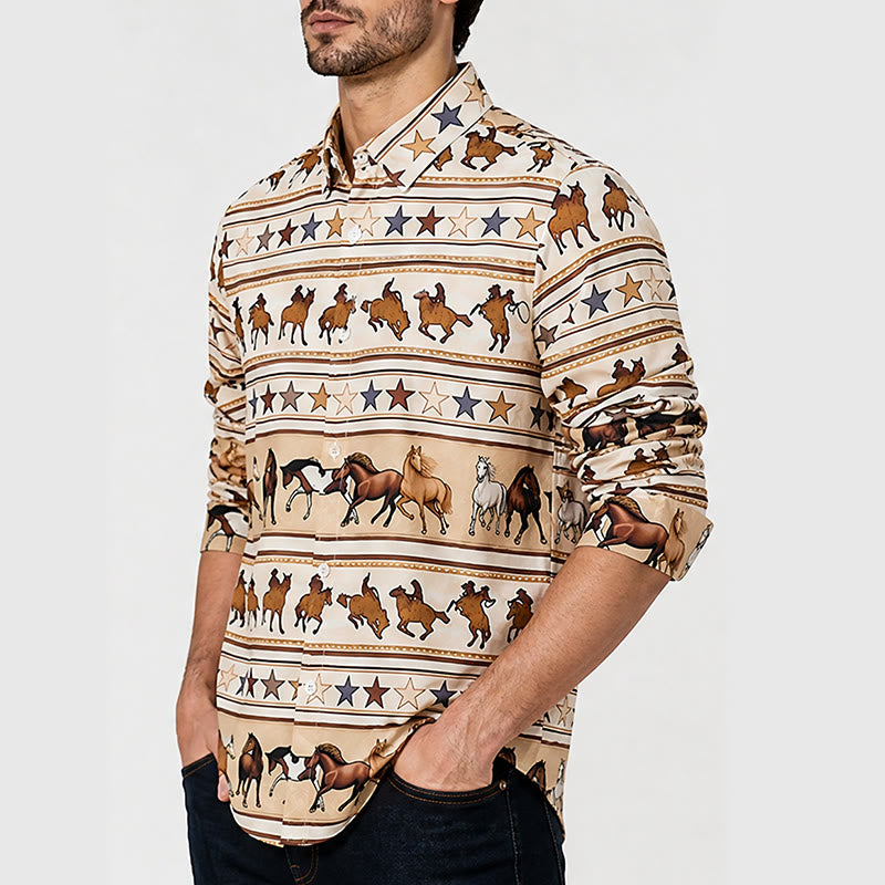 Camicia western da uomo con stampa a righe di cavallo e stella, ideale per il mondo equestre. - image 3