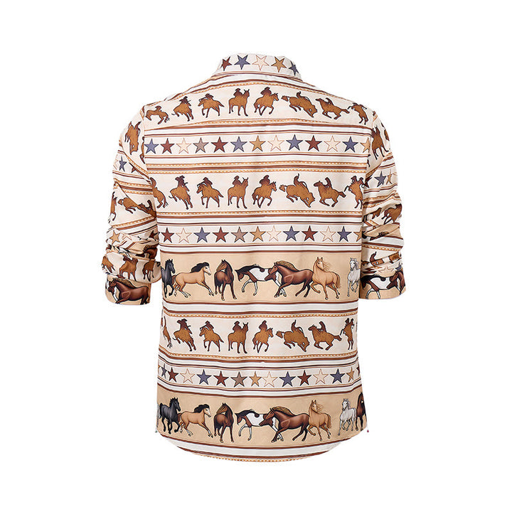 Camicia western da uomo con stampa a righe di cavallo e stella, ideale per il mondo equestre. - image 9