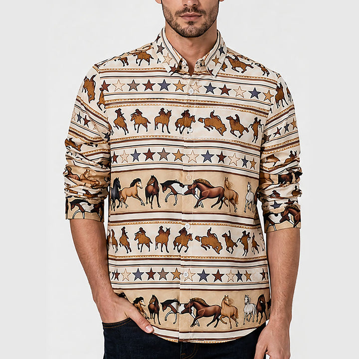 Camicia western da uomo con stampa a righe di cavallo e stella, ideale per il mondo equestre. - image 1