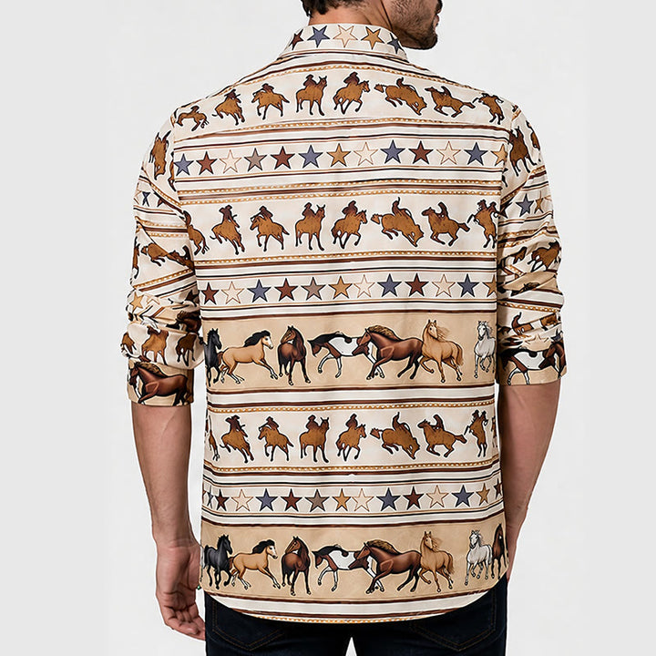 Camicia western da uomo con stampa a righe di cavallo e stella, ideale per il mondo equestre. - image 2