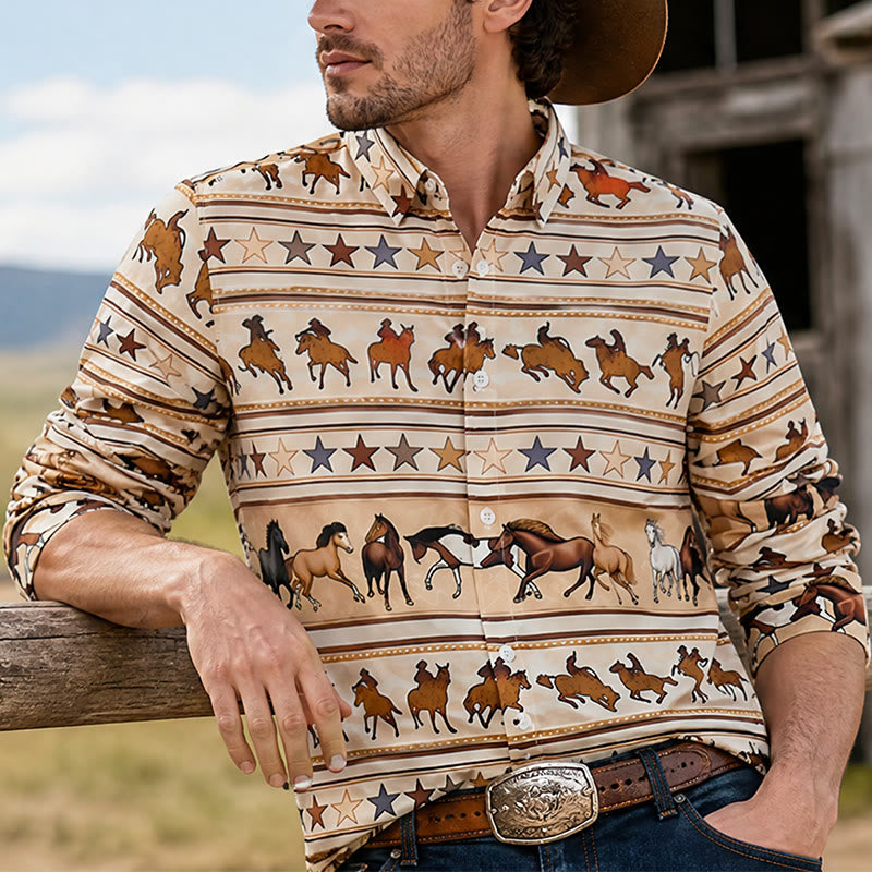 Camicia western da uomo con stampa a righe di cavallo e stella, ideale per il mondo equestre. - Beige - 6XL - image 0