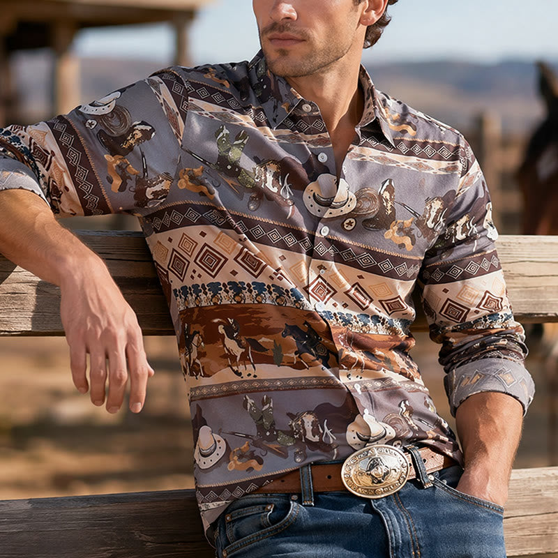 Camicia da uomo con motivo western da cavaliere del deserto e tribale - Grigio - 6XL - image 0