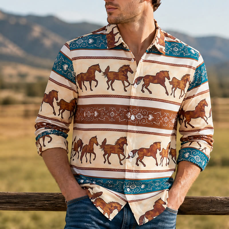 Camicia da uomo in stile retrò western con stampa di cavalli e bordo decorato. - Marrone e verde acqua - 6XL - image 0