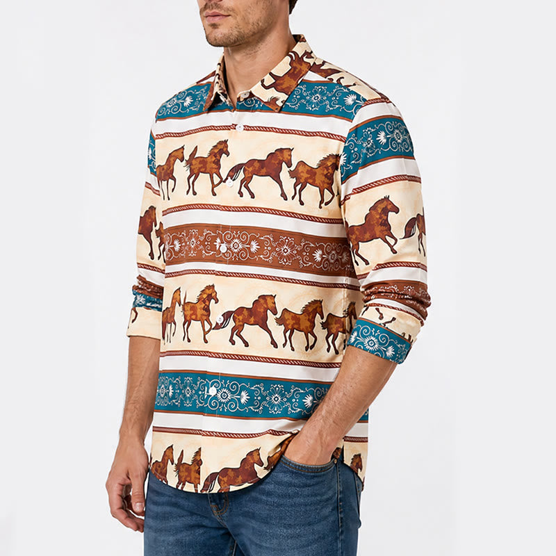 Camicia da uomo in stile retrò western con stampa di cavalli e bordo decorato. - image 3