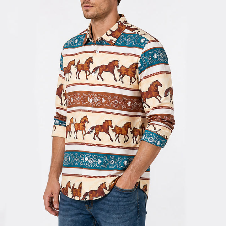 Camicia da uomo in stile retrò western con stampa di cavalli e bordo decorato. - image 3