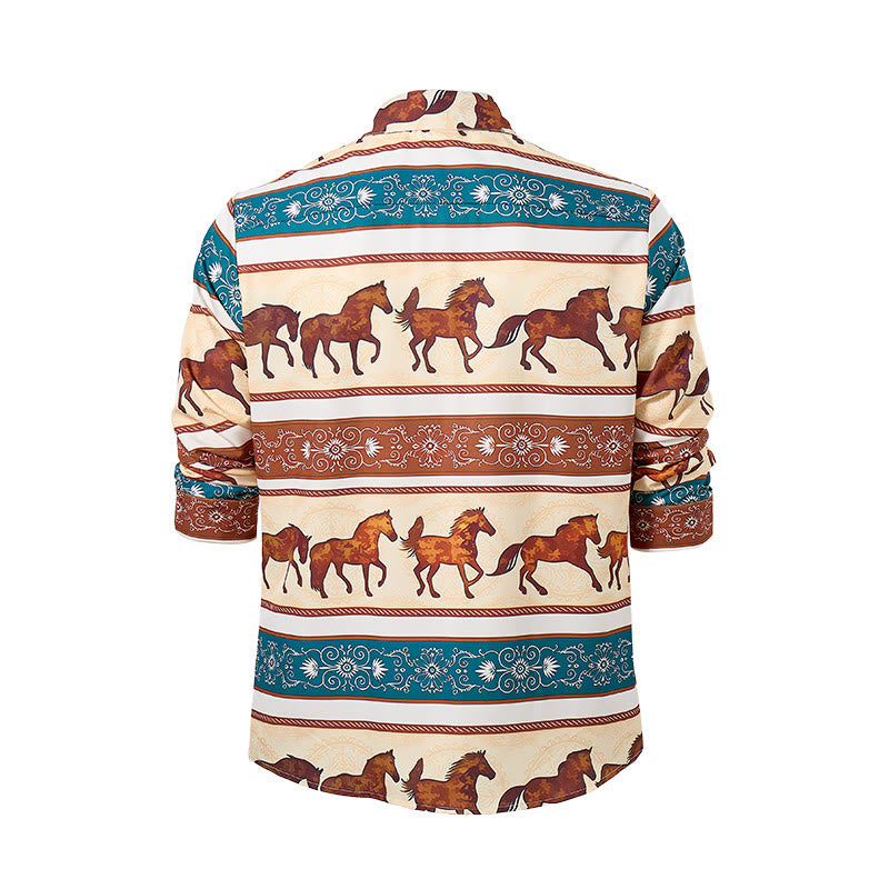 Camicia da uomo in stile retrò western con stampa di cavalli e bordo decorato. - image 10