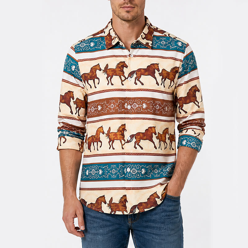 Camicia da uomo in stile retrò western con stampa di cavalli e bordo decorato. - image 1