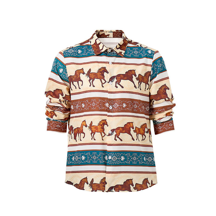 Camicia da uomo in stile retrò western con stampa di cavalli e bordo decorato. - image 9