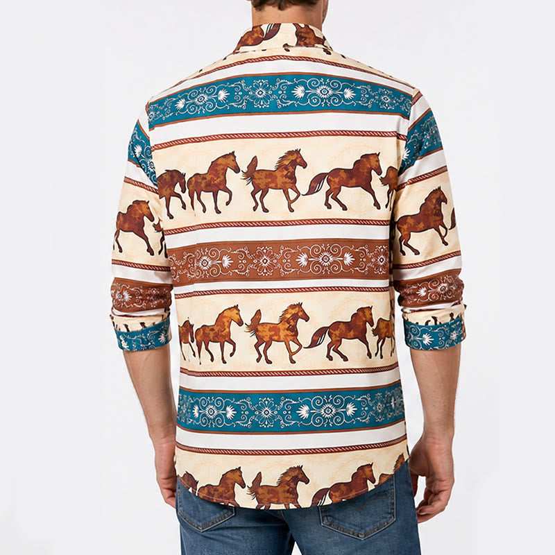 Camicia da uomo in stile retrò western con stampa di cavalli e bordo decorato. - image 2