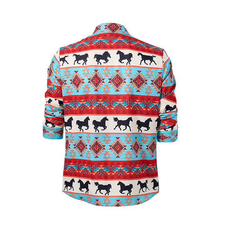 Camicia da uomo turchese e rossa con stampa tribale di cavalli in stile sud-occidentale - image 9
