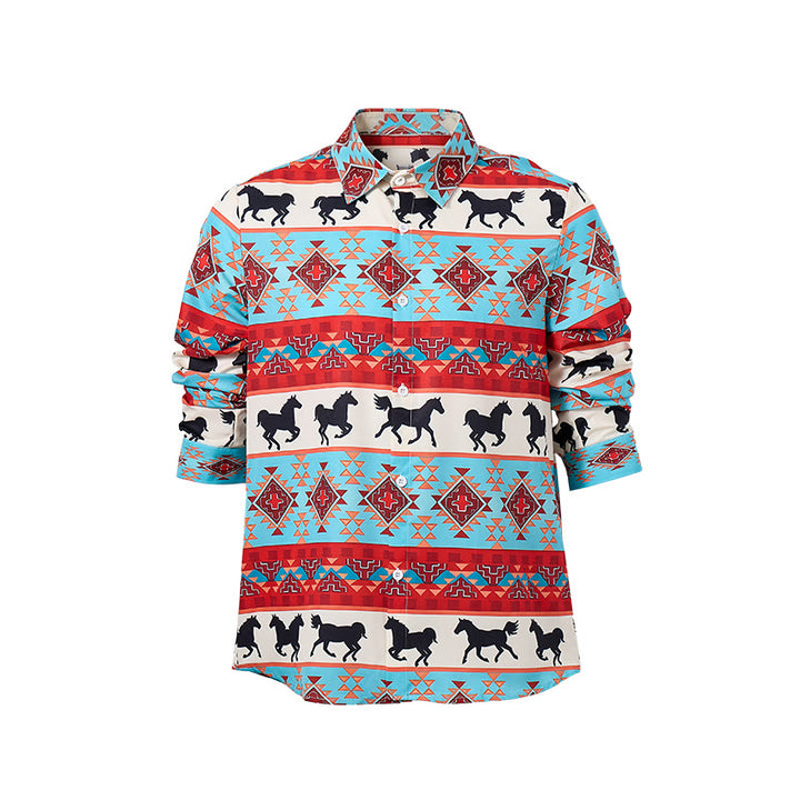 Camicia da uomo turchese e rossa con stampa tribale di cavalli in stile sud-occidentale - image 8