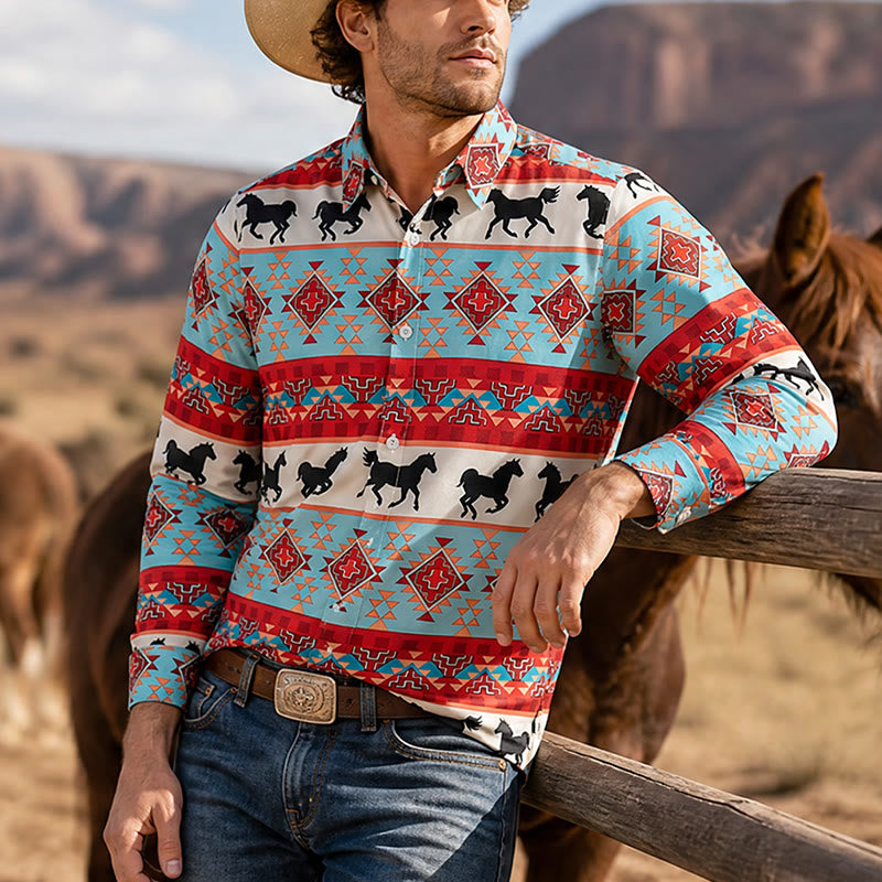 Camicia da uomo turchese e rossa con stampa tribale di cavalli in stile sud-occidentale - Turchese e Rosso - 6XL - image 0