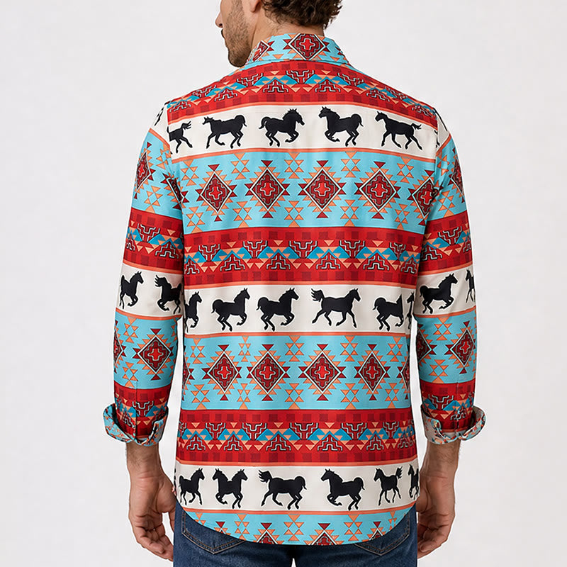 Camicia da uomo turchese e rossa con stampa tribale di cavalli in stile sud-occidentale - image 2