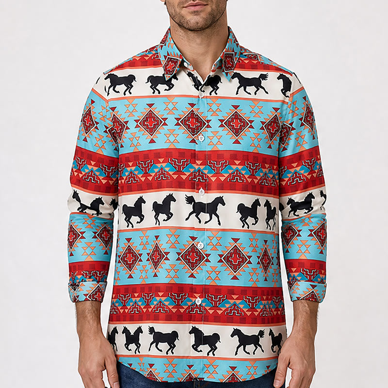 Camicia da uomo turchese e rossa con stampa tribale di cavalli in stile sud-occidentale - image 1