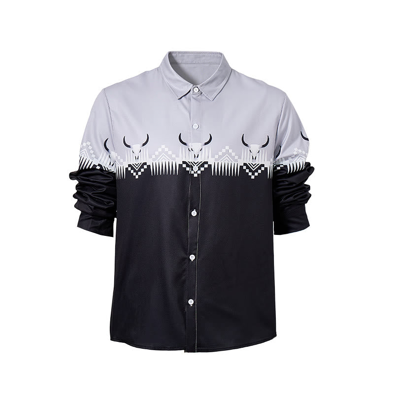 Camicia western da uomo classica nera e grigia con stampa a testa di toro - image 9
