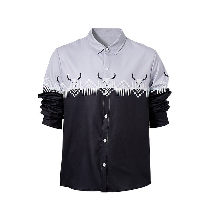 Camicia western da uomo classica nera e grigia con stampa a testa di toro - image 9