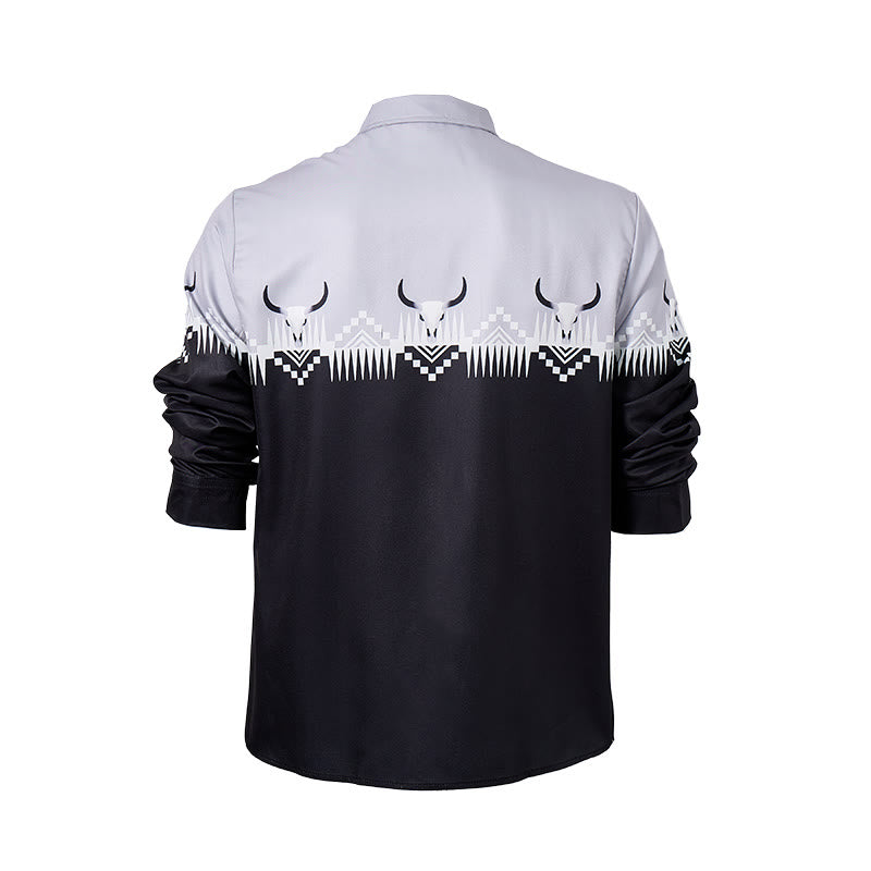 Camicia western da uomo classica nera e grigia con stampa a testa di toro - image 10