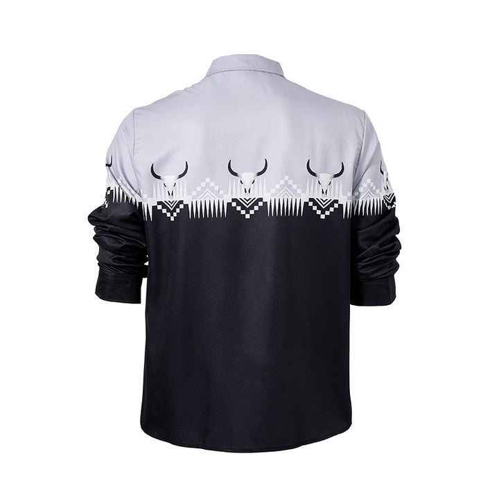 Camicia western da uomo classica nera e grigia con stampa a testa di toro - image 10