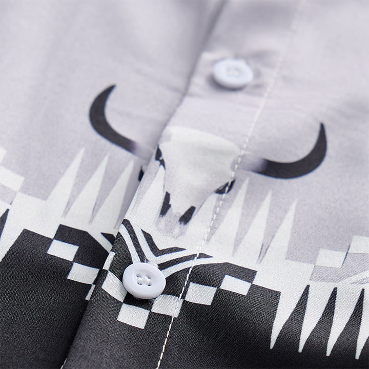 Camicia western da uomo classica nera e grigia con stampa a testa di toro - image 5