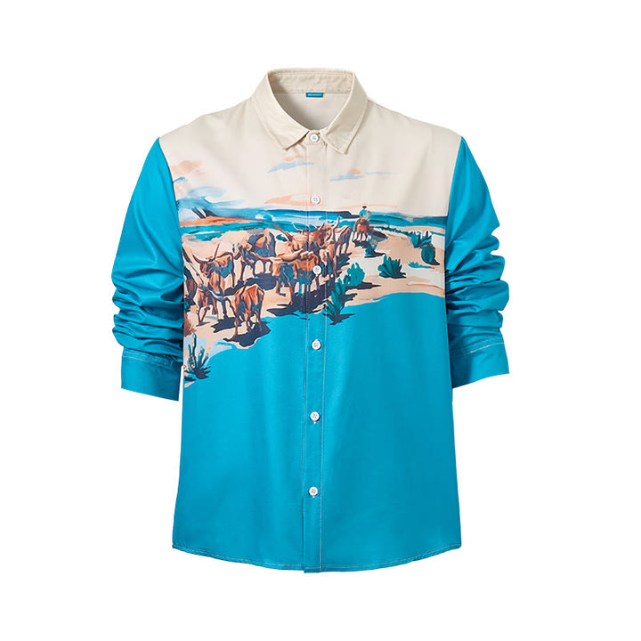 Camicia da uomo color verde acqua e crema con stampa di paesaggio western con mandria di bestiame. - image 9