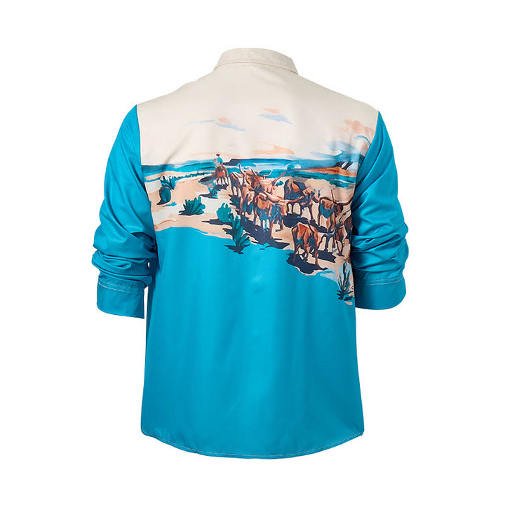 Camicia da uomo color verde acqua e crema con stampa di paesaggio western con mandria di bestiame. - image 10