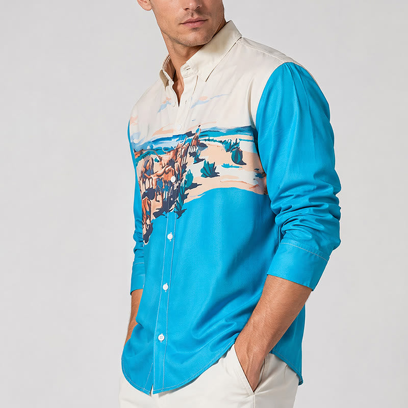 Camicia da uomo color verde acqua e crema con stampa di paesaggio western con mandria di bestiame. - image 3
