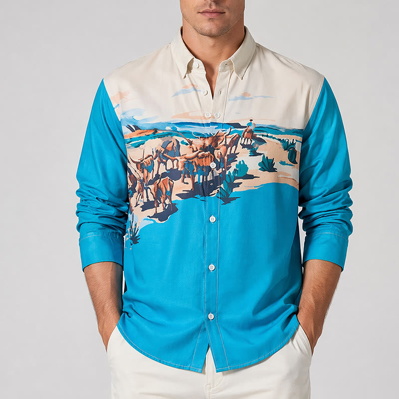 Camicia da uomo color verde acqua e crema con stampa di paesaggio western con mandria di bestiame. - image 1