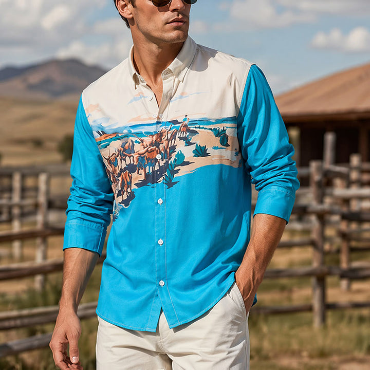 Camicia da uomo color verde acqua e crema con stampa di paesaggio western con mandria di bestiame. - Verde acqua e crema - 5XL - image 0