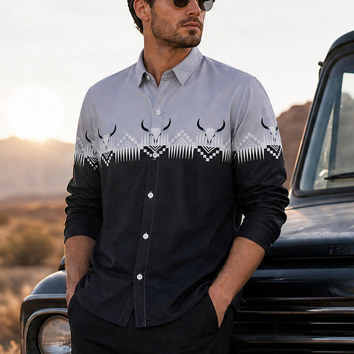 Camicia western da uomo classica nera e grigia con stampa a testa di toro - Nero e grigio - 5XL - image 0