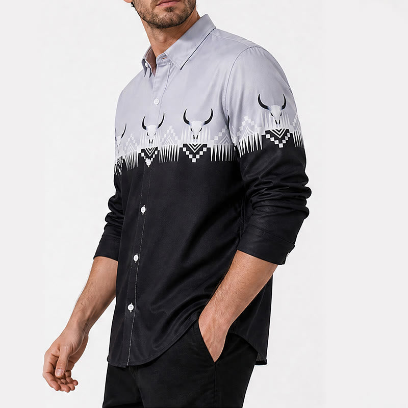 Camicia western da uomo classica nera e grigia con stampa a testa di toro - image 3