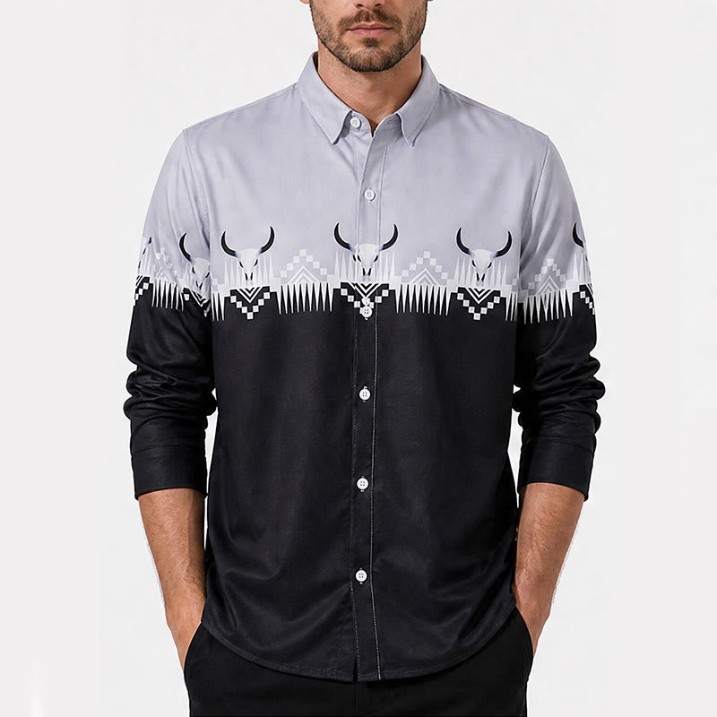 Camicia western da uomo classica nera e grigia con stampa a testa di toro - image 1