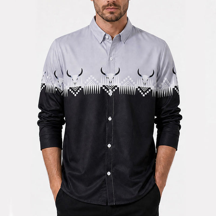 Camicia western da uomo classica nera e grigia con stampa a testa di toro - image 1