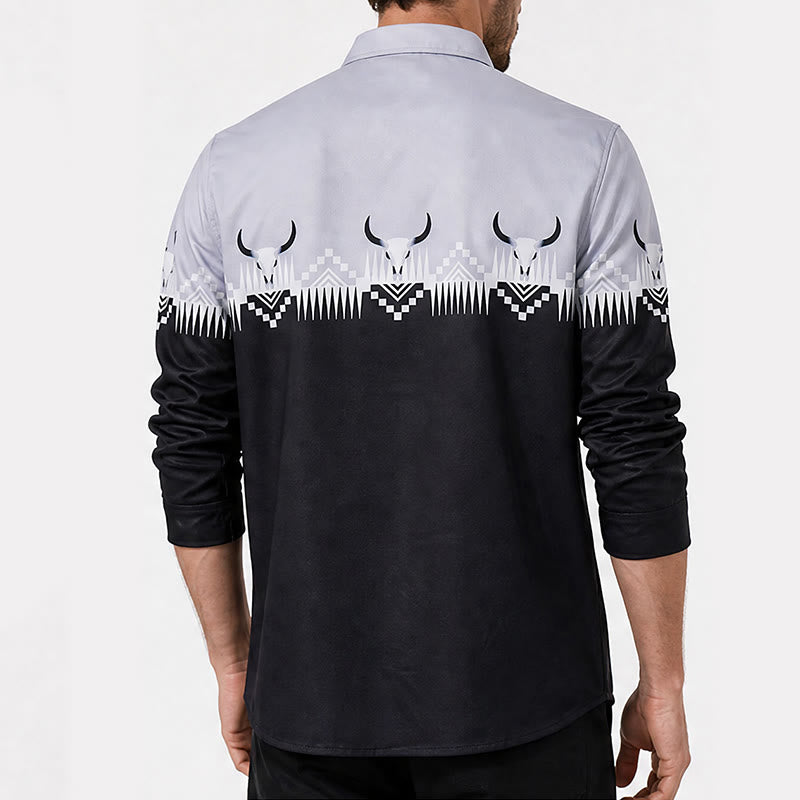 Camicia western da uomo classica nera e grigia con stampa a testa di toro - image 2