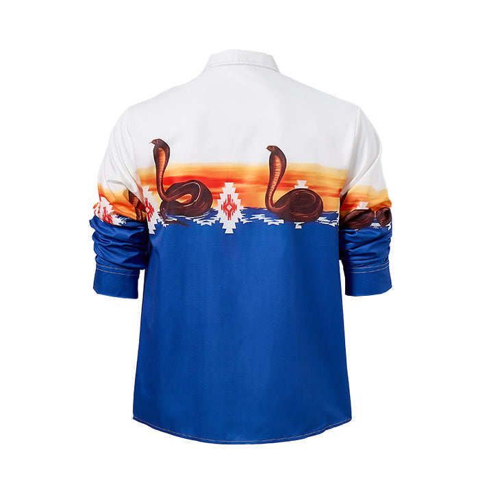 Camicia da uomo blu e bianca con stampa tramonto e serpente azteco - image 9