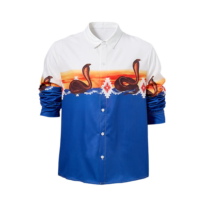 Camicia da uomo blu e bianca con stampa tramonto e serpente azteco - image 8