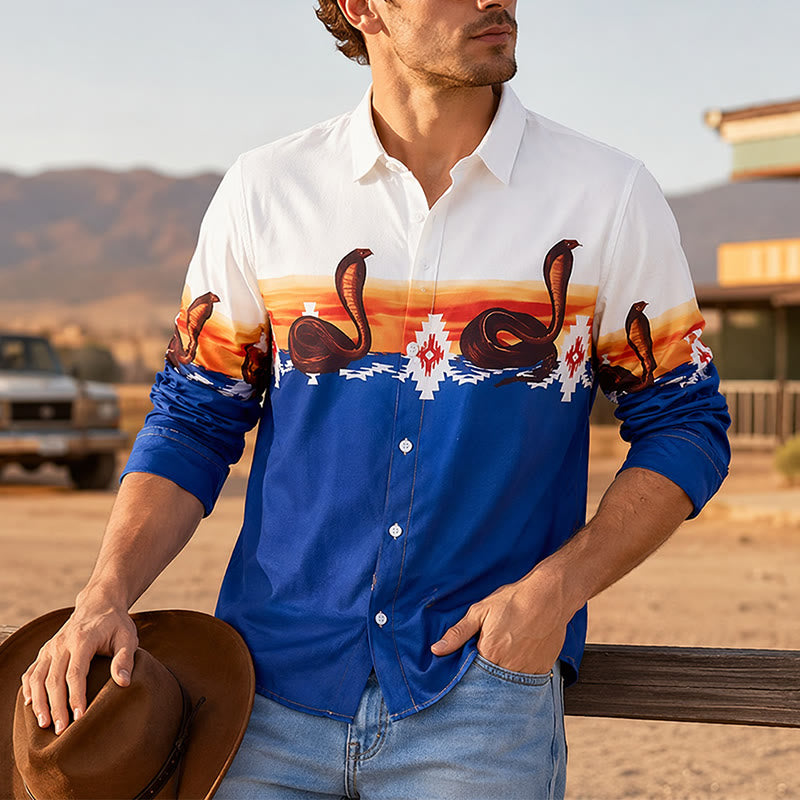 Camicia da uomo blu e bianca con stampa tramonto e serpente azteco - Blu e bianco - 5XL - image 0
