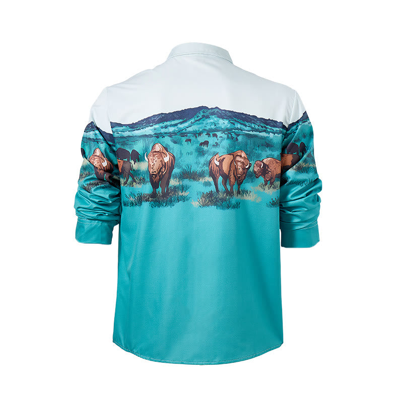 Camicia da uomo con stampa paesaggistica di bufali della prateria del West - image 10