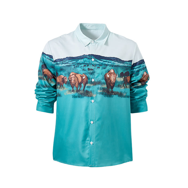 Camicia da uomo con stampa paesaggistica di bufali della prateria del West - image 9
